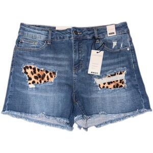 NWT XL Judy Blue High Waist Distressed Denim Leopard Print Patch Shorts